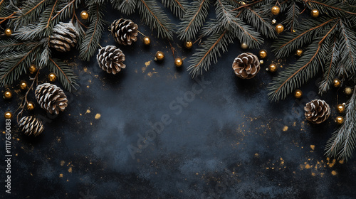 Christmas decoration with pine cones and gold ornements, black background photo