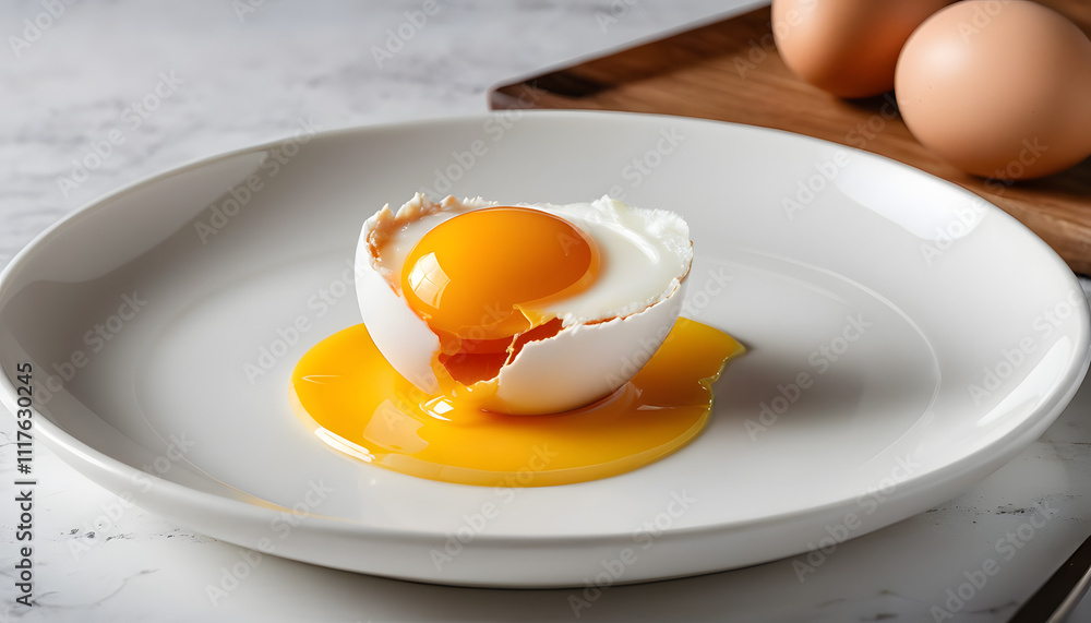 Cracked raw chicken egg on an elegant white plate, yolk and egg white spilling Cracked raw chicken egg on an elegant white plate, yolk and egg white spilling
