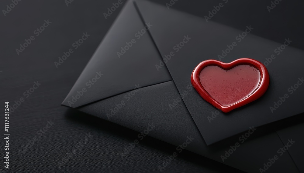 A black envelope sealed with a red heart-shaped wax stamp, symbolizing love and romance. A black envelope sealed with a red heart-shaped wax stamp, symbolizing love and romance.