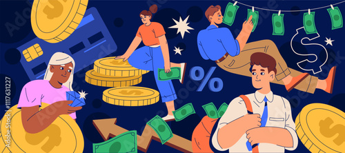 Money background or vector economic backdrop. Fiscal or finance, monetary and banking poster. Sign for crisis and financial saving, earning and wealth, cash and banknote, profit, deposit, debt.Economy