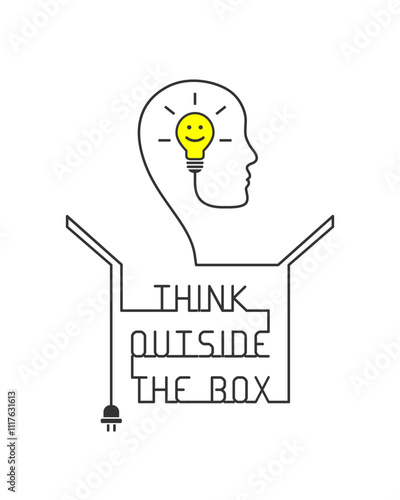 Think outside the box and bright idea concept with smiling light bulb. Shining lightbulb with smile as solution and innovation symbol. Wire and cable line forming text, cardboard box, head silhouette.