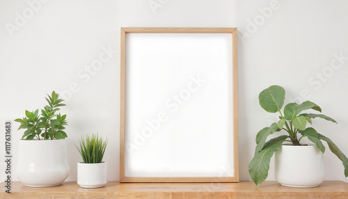 Natural wooden frame displayed on a shelf with potted plants for decoration in a minimalist setting.  Picture Frame Mockup