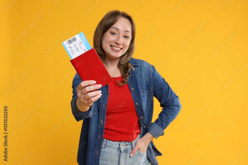 Happy traveller with passport and ticket on yellow background, selective focus Happy traveller with passport and ticket on yellow background, selective focus