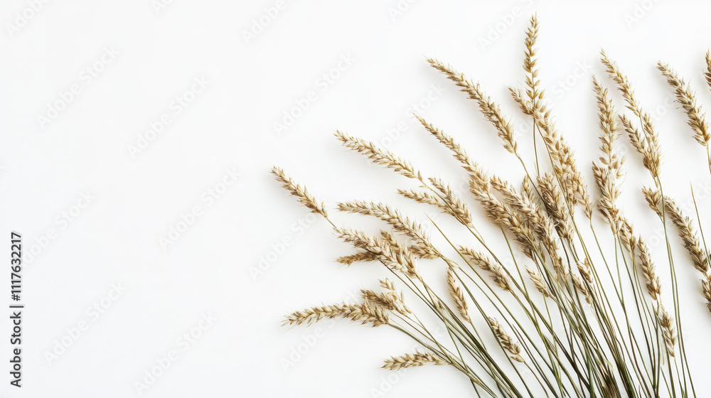 Fototapeta premium Aesthetic arrangement of dry wheat stalks on a white background, creating a minimalist and natural composition with a calming and organic feel.