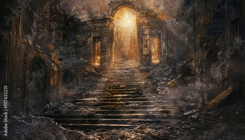 Ruined Staircase Leading To A Light Filled Archway