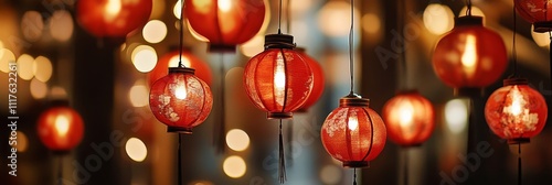 Glowing red chinese lanterns decorate festive evening street scene photo