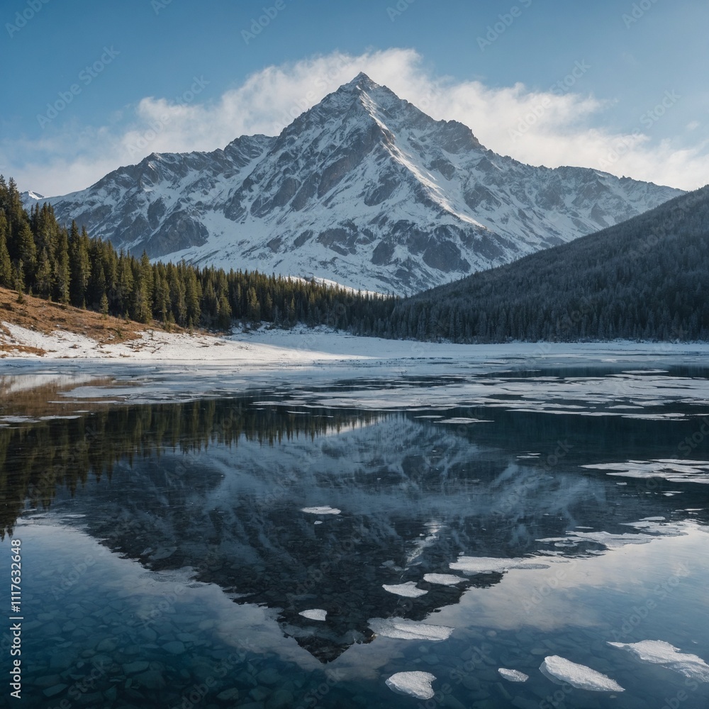 A snow-dusted mountain with a crystal-clear frozen lake in front. A snow-dusted mountain with a crystal-clear frozen lake in front.
