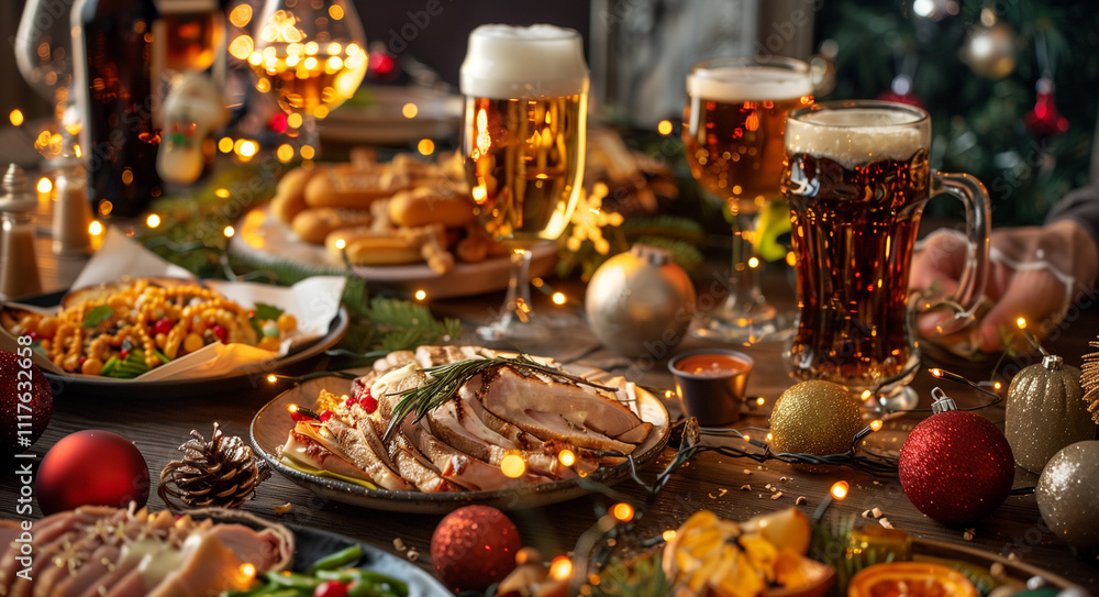 Fototapeta premium A captivating scene capturing the essence of a festive gathering where friends savor different types of Christmas beer alongside traditional Danish dishes,