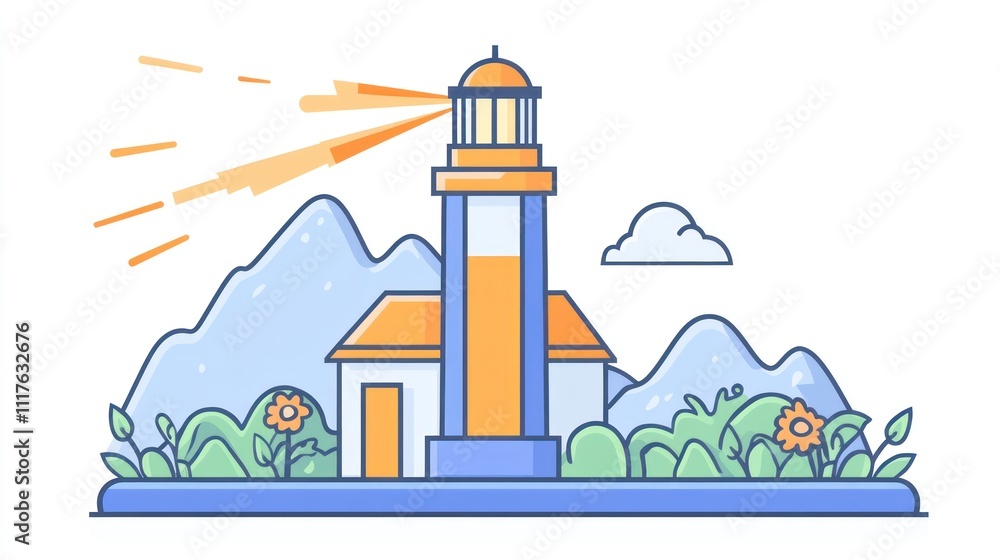A towering lighthouse stands amidst mountains, casting light over flowers and a tranquil sea A towering lighthouse stands amidst mountains, casting light over flowers and a tranquil sea
