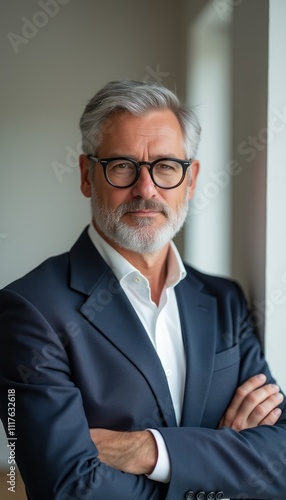 A distinguished older man stands confidently with his arms crossed, exuding an air of professionalism and wisdom. His stylish gray hair and beard complement his tailored navy suit, while his glasses