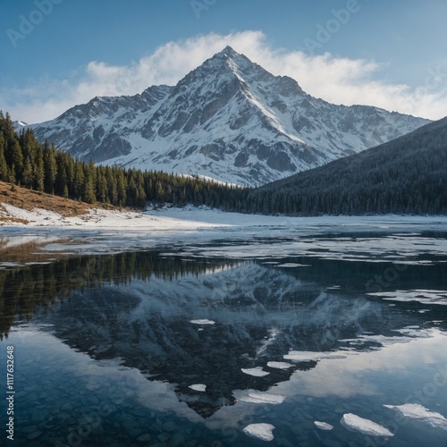 A snow-dusted mountain with a crystal-clear frozen lake in front.