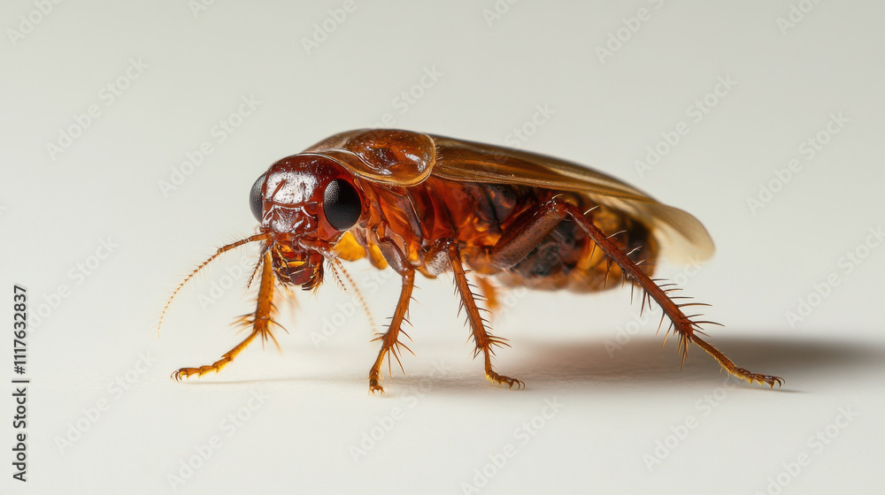 Close-up of a cockroach on a light background, showcasing its detailed features and glossy brown exoskeleton.