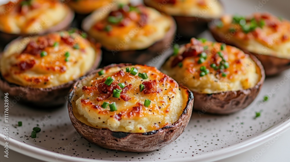 Delicious stuffed mushrooms filled with creamy goodness and garnished with colorful herbs Delicious stuffed mushrooms filled with creamy goodness and garnished with colorful herbs