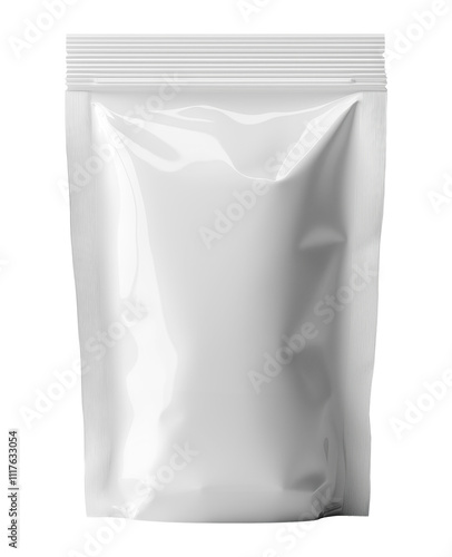 Merchandise sealed in a container bag for safety against a transparent backdrop, unbranded white bag