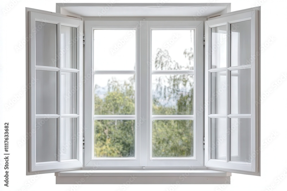 Open White Window Frame with Scenic View of Nature and Greenery in Background on a Bright Day with Clear Skies Open White Window Frame with Scenic View of Nature and Greenery in Background on a Bright Day with Clear Skies