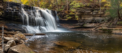Waterfall cascading over rocks in autumn