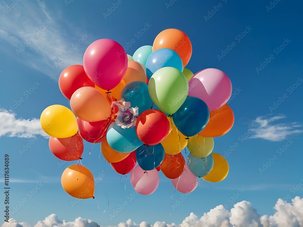 Colorful Balloons Float Against A Vivid Blue Sky Colorful Balloons Float Against A Vivid Blue Sky