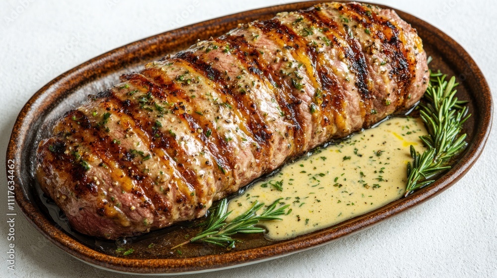 Juicy meatloaf on a platter, topped with herbs and creamy sauce, promises delicious enjoyment Juicy meatloaf on a platter, topped with herbs and creamy sauce, promises delicious enjoyment