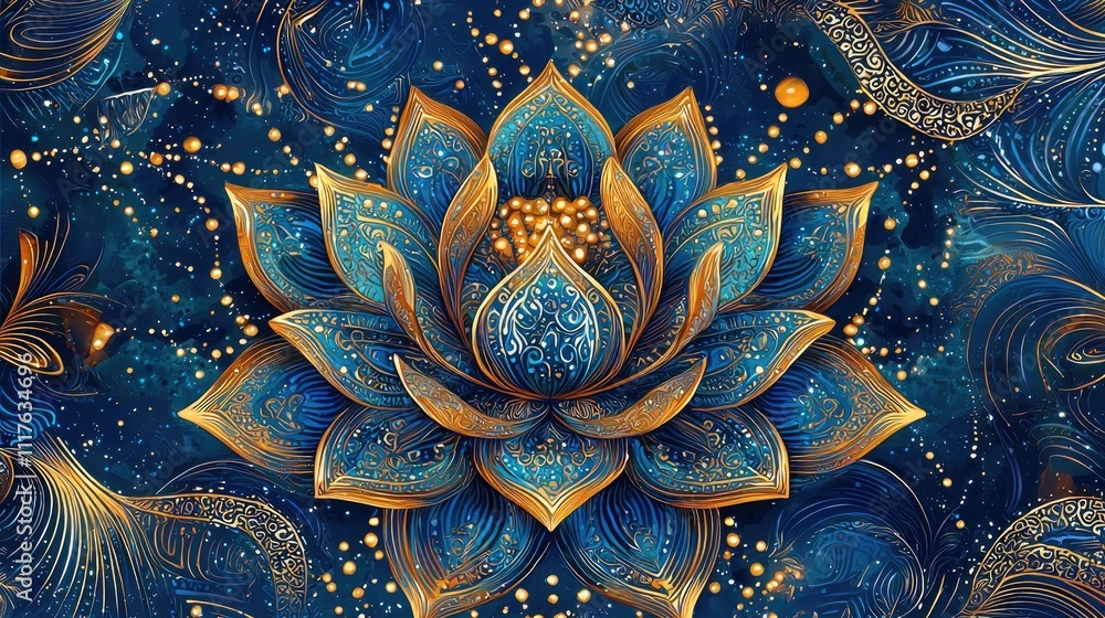 custom made wallpaper toronto digitalOrnate blue and gold lotus flower on dark background.