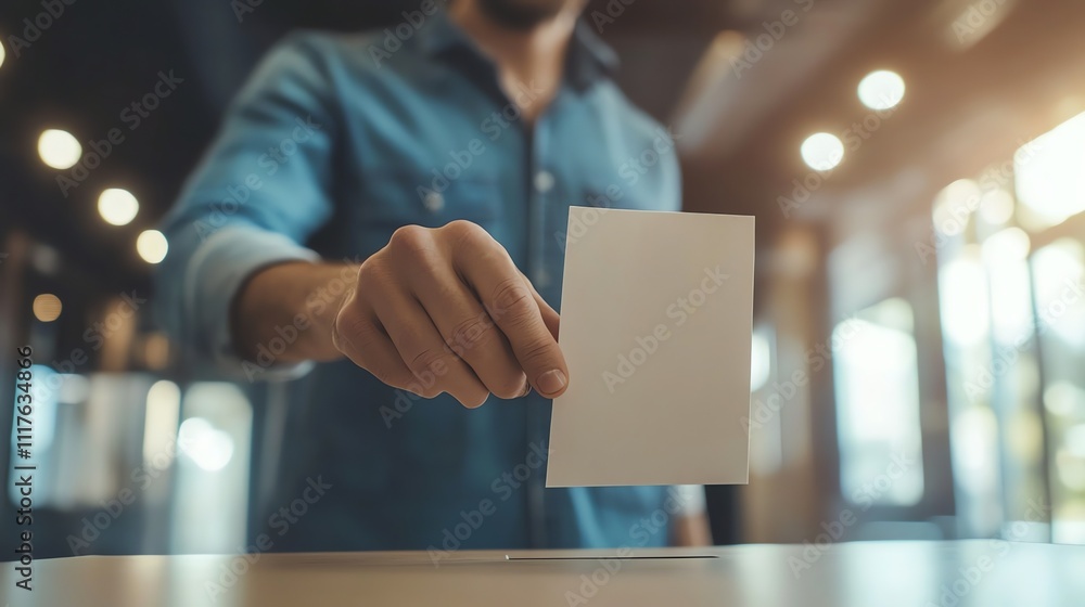 A hand drops a ballot into a ballot box. An American flag is visible in the background.
