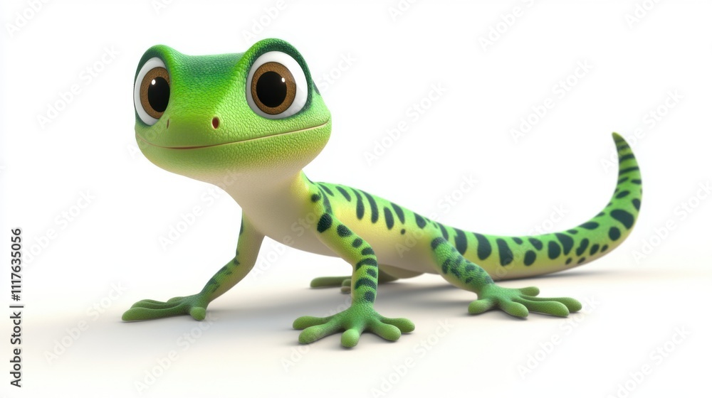 Fototapeta premium Colorful cartoon lizard character with big eyes and vibrant green skin on a white background