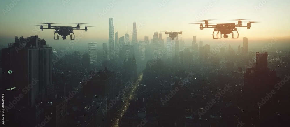 Three drones flying over a city skyline at sunrise. Three drones flying over a city skyline at sunrise.