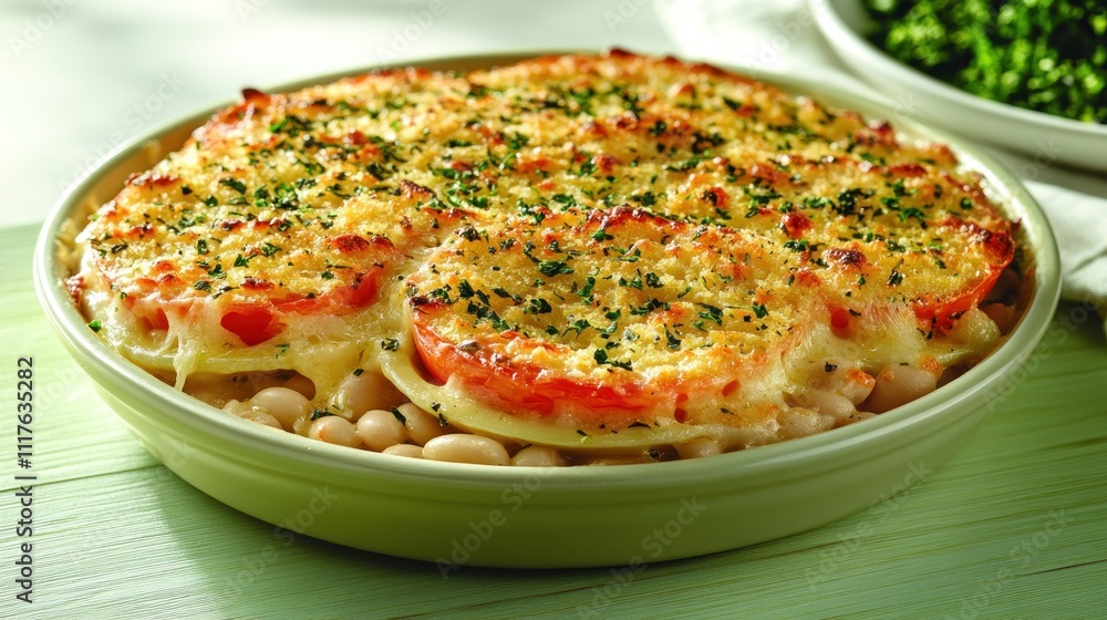 A tasty casserole with golden cheese, fresh tomatoes, and creamy white beans A tasty casserole with golden cheese, fresh tomatoes, and creamy white beans