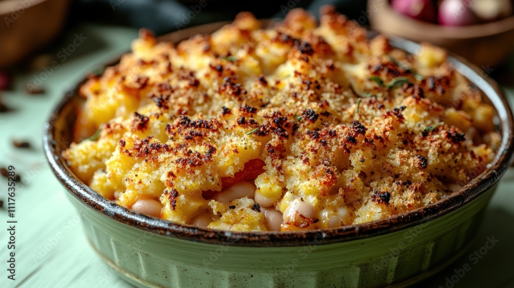 Warm casserole with a crispy topping is ready to delight taste buds during a cozy family dinner Warm casserole with a crispy topping is ready to delight taste buds during a cozy family dinner