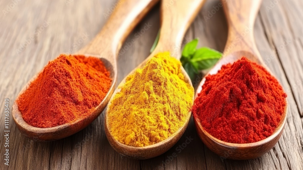 Colorful spices in wooden spoons on rustic table Colorful spices in wooden spoons on rustic table