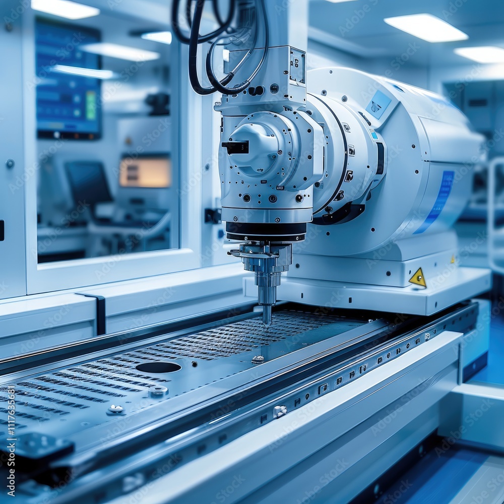 High-precision CNC machine, futuristic laboratory, blue and white aesthetic. High-precision CNC machine, futuristic laboratory, blue and white aesthetic.
