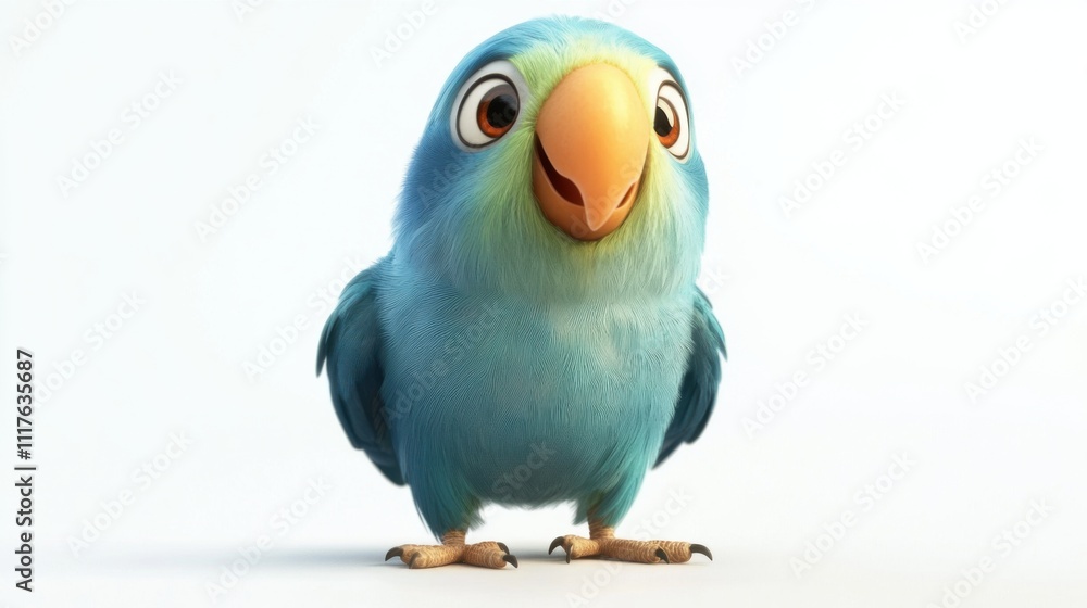 Cute animated blue parrot with vibrant feathers and big eyes, cheerful character, adorable personality
