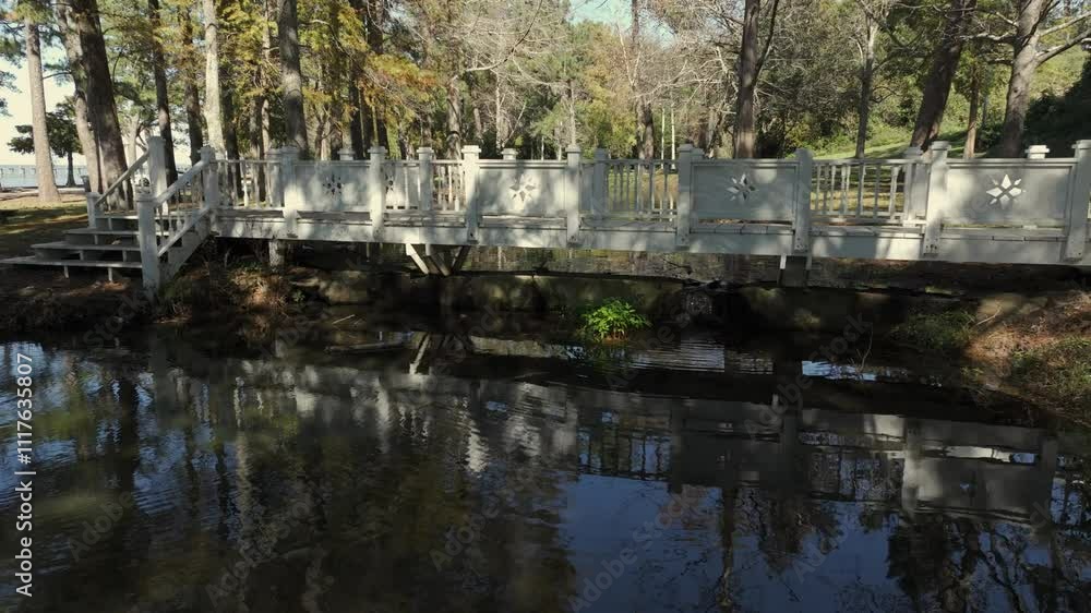 Drone view of lagoon, walking bridge along Mobile in Fairhope Alabama Drone view of lagoon, walking bridge along Mobile in Fairhope Alabama