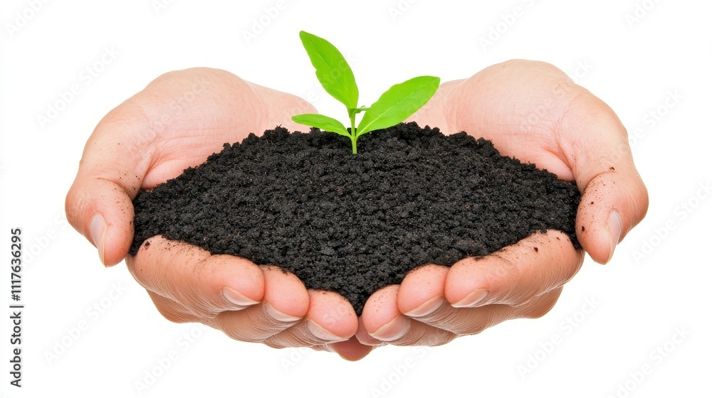 Hands holding soil with a young plant symbolizing growth Hands holding soil with a young plant symbolizing growth