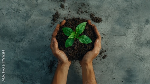 Hands holding a young plant in rich soil photo