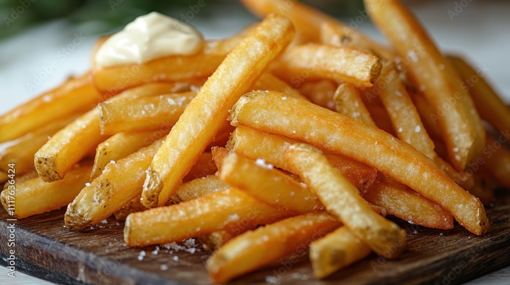Golden fries on a rustic board, paired with creamy dip, enticing your appetite Golden fries on a rustic board, paired with creamy dip, enticing your appetite