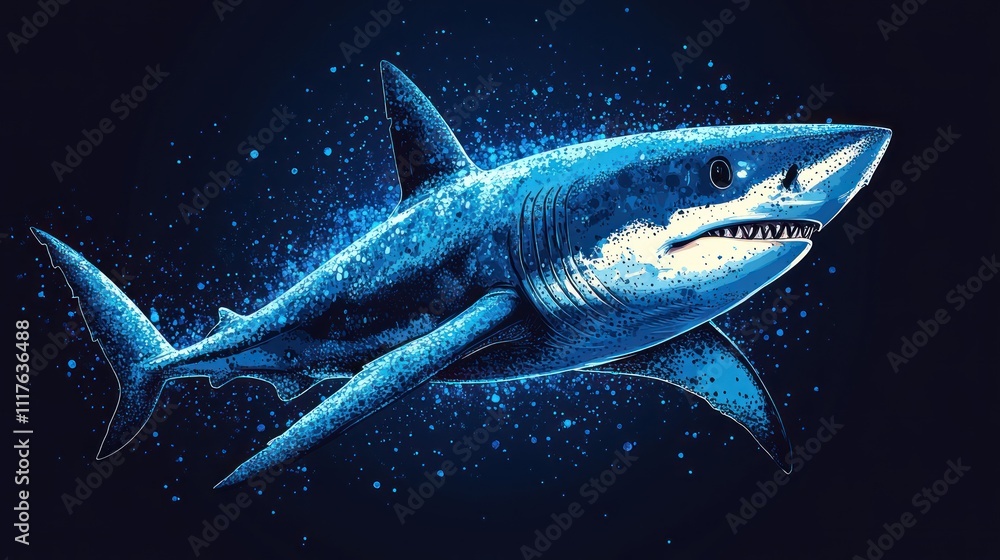 A majestic great white shark glides gracefully in the deep, shimmering ocean waters A majestic great white shark glides gracefully in the deep, shimmering ocean waters