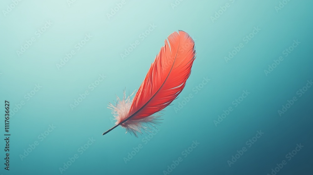 A floating red feather floats in the air on a light blue background, highlighting the softness of the feather. Representing a feeling of calm and tranquility. It looks very beautiful. A floating red feather floats in the air on a light blue background, highlighting the softness of the feather. Representing a feeling of calm and tranquility. It looks very beautiful.
