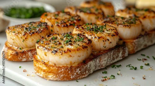 Juicy grilled scallops sit atop crispy toast, beautifully garnished, ready to delight diners