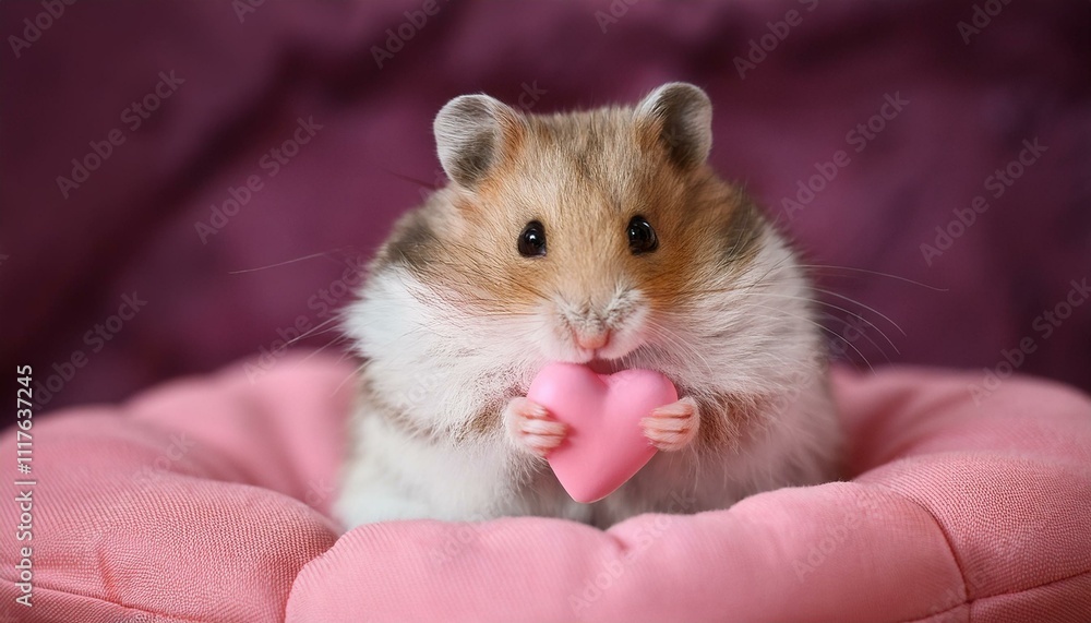 Heartfelt Hamster Moment: A tiny hamster holding a miniature heart-shaped treat, sitting on a pink cushion. Heartfelt Hamster Moment: A tiny hamster holding a miniature heart-shaped treat, sitting on a pink cushion.