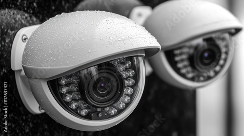 Rain-drenched security cameras vigilantly oversee the bustling city life during a rainy day photo