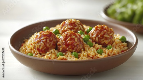 A tasty dish of rice with zesty sauce, shaped meatballs, and bright peas