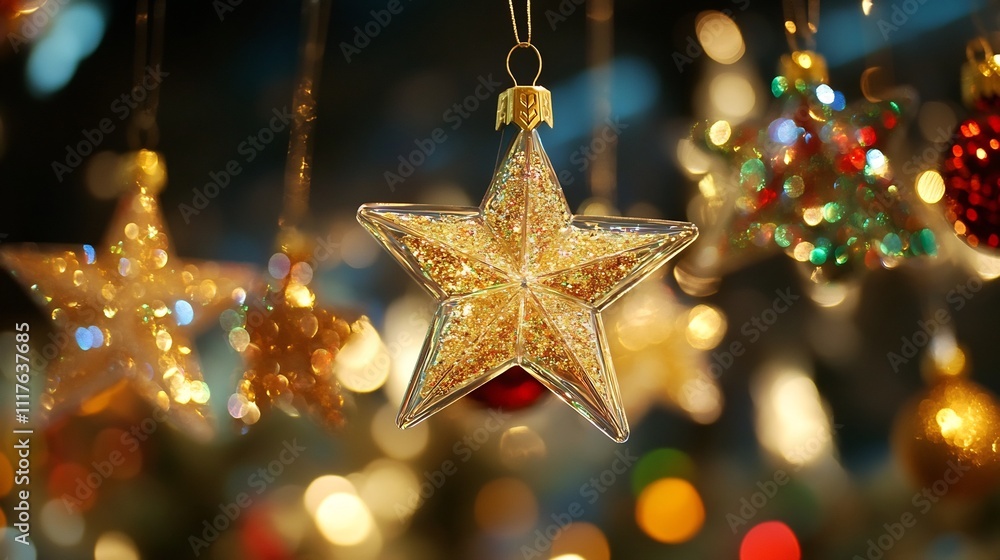 Glittering Golden Christmas Star Ornament Hanging on Festive Lighting Background Glittering Golden Christmas Star Ornament Hanging on Festive Lighting Background