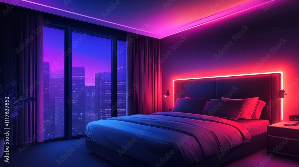 Modern bedroom with neon lighting and city skyline view Modern bedroom with neon lighting and city skyline view