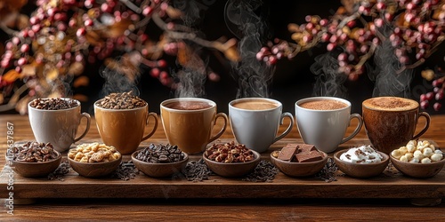 A beautifully arranged display of various coffee cups, each paired with distinct treats, surrounded by autumn foliage.