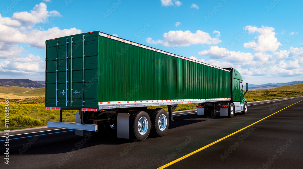 A green semi truck transporting green container. Back view. A green semi truck transporting green container. Back view.