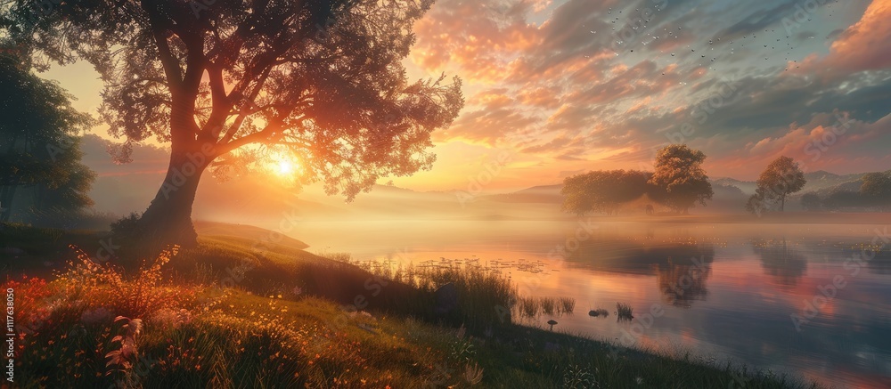 Sunrise Over a Misty Lake with Silhouetted Trees Sunrise Over a Misty Lake with Silhouetted Trees