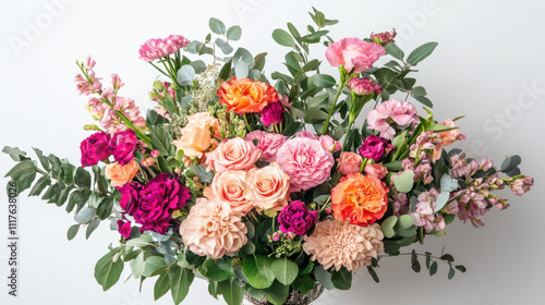 Vibrant bouquet of mixed flowers showcasing pink, orange, and deep red blooms with lush green foliage against a white background.