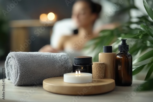 Tranquil spa atmosphere with natural wellness products displayed on a wooden tray, including a burning candle, towel, and bottles, with a relaxing woman in the background