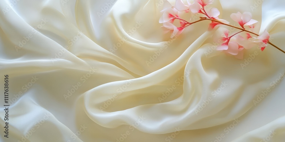 Elegant White Silk Satin Fabric with Subtle Texture and Soft Flowing Drapery Accented by Delicate Pink Blossoms and Dreamy Background Elegant White Silk Satin Fabric with Subtle Texture and Soft Flowing Drapery Accented by Delicate Pink Blossoms and Dreamy Background