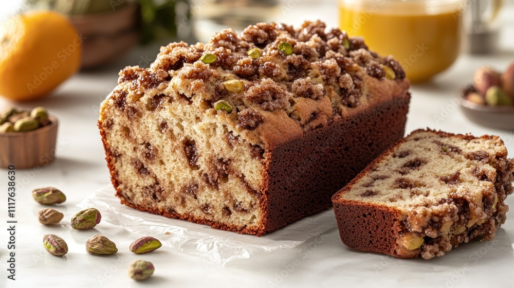 Loaf cake sits on a marble countertop, highlighting its textured crumb and pistachio topping Loaf cake sits on a marble countertop, highlighting its textured crumb and pistachio topping